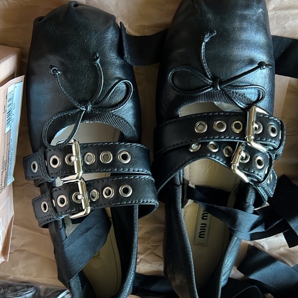 Miu Miu Shoes - Miu Miu Black Leather Ballerinas with Belts size 36